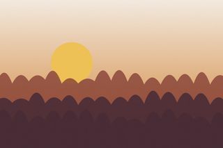 Illustration of a yellow sun setting behind rows of rounded hills in brown and plum under a pale peach sky.