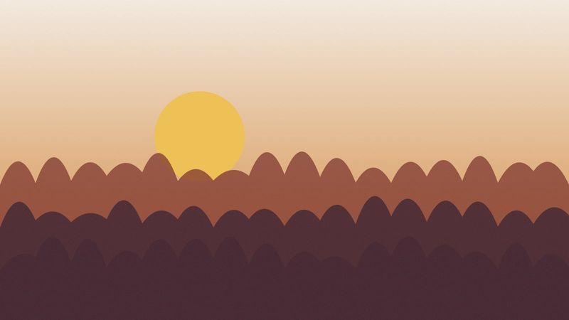 Illustration of a yellow sun setting behind rows of rounded hills in brown and plum under a pale peach sky.