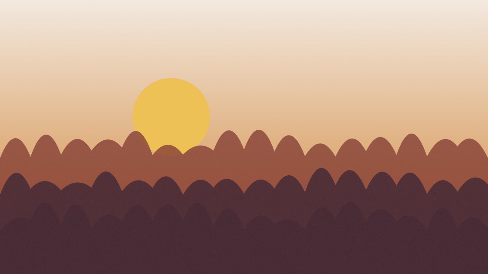 Illustration of a yellow sun setting behind rows of rounded hills in brown and plum under a pale peach sky.