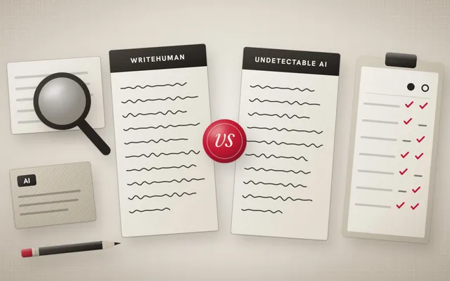 Illustration of two rewritten pages labeled WriteHuman and Undetectable AI facing each other across a red vs seal, with a magnifying glass over a printed page, an AI-written draft card and a two-column scorecard.