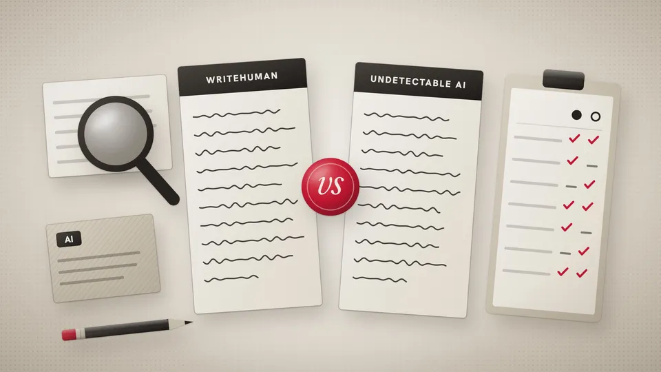 Illustration of two rewritten pages labeled WriteHuman and Undetectable AI facing each other across a red vs seal, with a magnifying glass over a printed page, an AI-written draft card and a two-column scorecard.