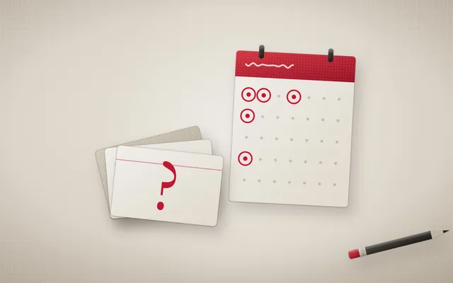 Flat-lay illustration: a flashcard showing a question mark beside a calendar with five review days circled, each further apart than the last.