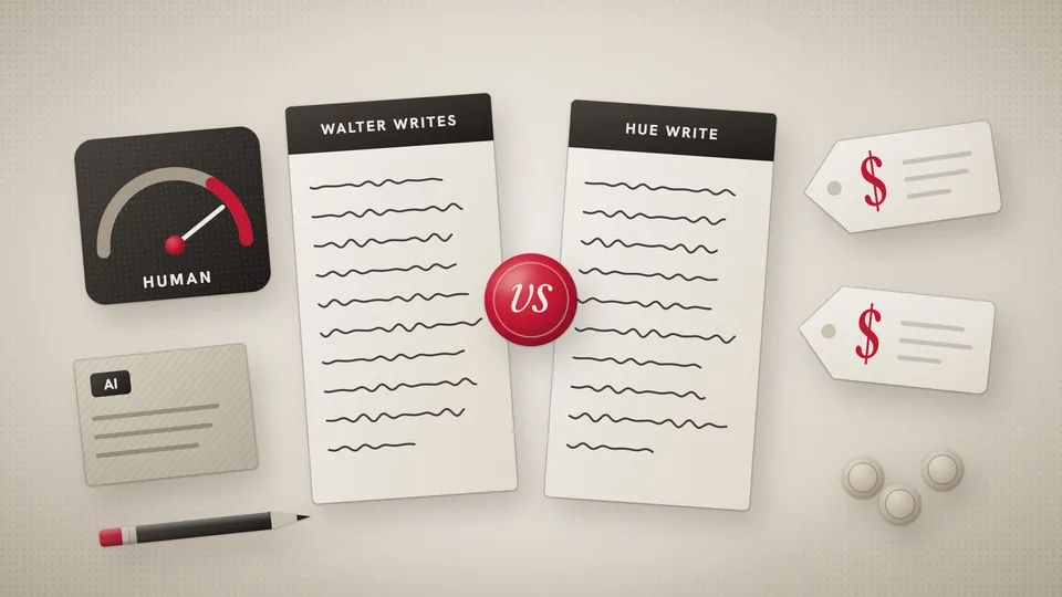 Illustration of two rewritten pages labeled Walter Writes and Hue Write facing each other across a red vs seal, with an AI detector dial reading Human, an AI-written draft card and two price tags.
