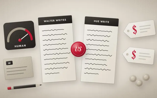 Illustration of two rewritten pages labeled Walter Writes and Hue Write facing each other across a red vs seal, with an AI detector dial reading Human, an AI-written draft card and two price tags.