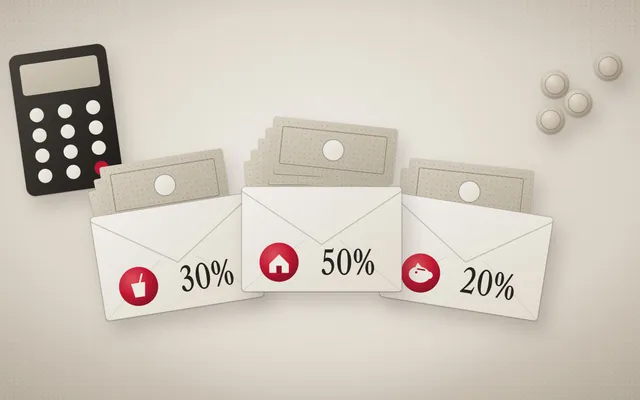 Illustration of three budget envelopes stuffed with banknotes: needs 50%, wants 30% and savings 20%, with a calculator and coins.