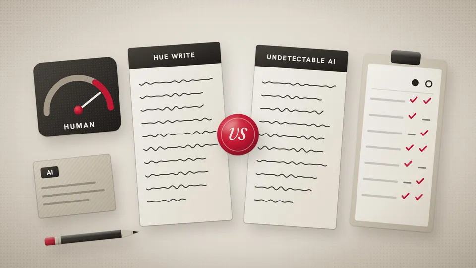 Illustration of two rewritten pages labeled Hue Write and Undetectable AI facing each other across a red vs seal, with an AI detector dial reading Human, an AI-written draft card and a two-column scorecard.