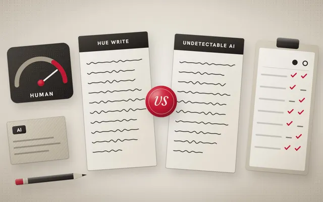 Illustration of two rewritten pages labeled Hue Write and Undetectable AI facing each other across a red vs seal, with an AI detector dial reading Human, an AI-written draft card and a two-column scorecard.