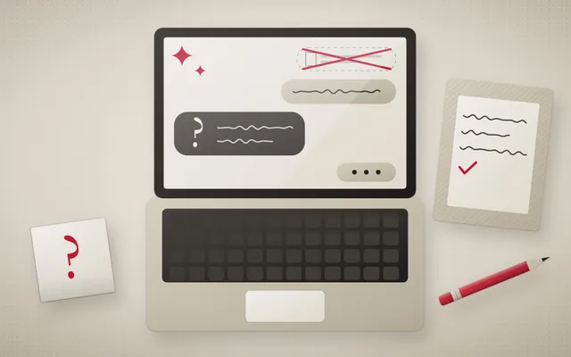 Illustration of a laptop chat in which a request to write an essay is crossed out and the AI replies with a quiz question, beside a notebook of answers.