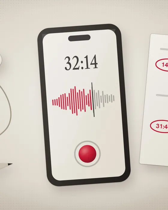 Illustration of a phone showing an audio waveform beside an open notebook where a few timestamps are circled in red, with earbuds and a pen on the desk.