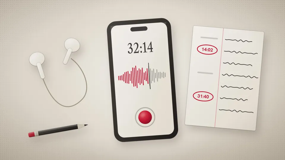 Illustration of a phone showing an audio waveform beside an open notebook where a few timestamps are circled in red, with earbuds and a pen on the desk.