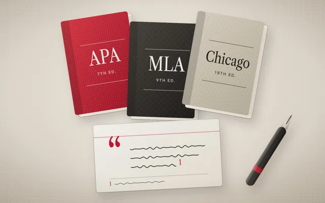 Flat-lay illustration of the APA, MLA and Chicago style manuals beside an index card with a quotation and its footnote, and a fountain pen.