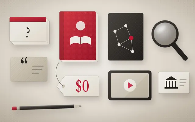 Flat-lay illustration of free study tools laid out neatly: flashcards, a textbook, a notes app, a magnifier, a citation card, video lessons and a library card, with a $0 price tag.