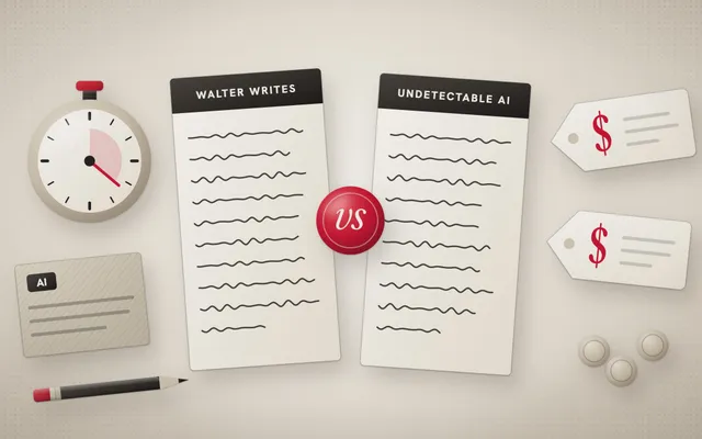 Illustration of two rewritten pages labeled Walter Writes and Undetectable AI facing each other across a red vs seal, with a stopwatch, an AI-written draft card and two price tags.