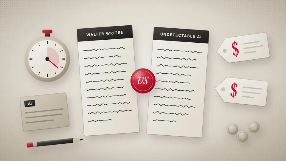 Illustration of two rewritten pages labeled Walter Writes and Undetectable AI facing each other across a red vs seal, with a stopwatch, an AI-written draft card and two price tags.