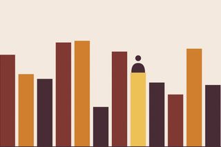 Illustration of bars of different heights in rust, orange and dark brown, with a small figure standing on a yellow bar.