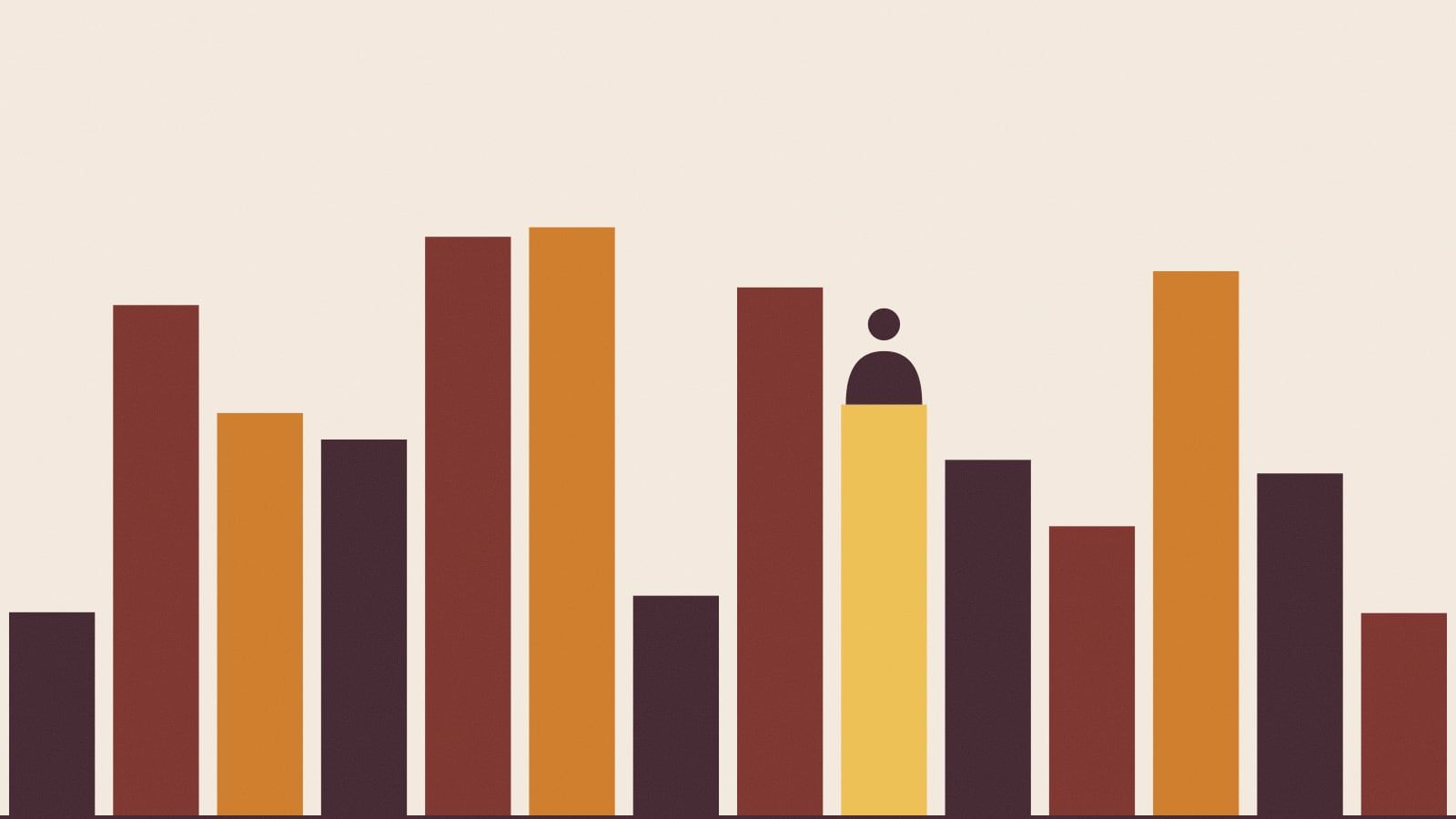 Illustration of bars of different heights in rust, orange and dark brown, with a small figure standing on a yellow bar.