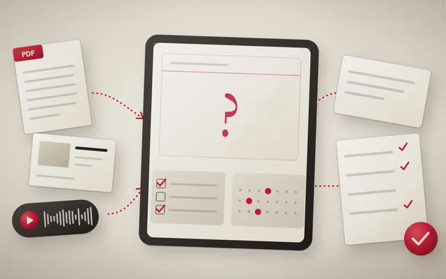 Illustration of course files, a PDF, a slide and an audio clip, flowing into a tablet that shows a flashcard, a quiz with ticked answers and a study calendar.