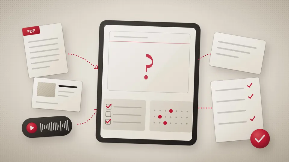 Illustration of course files, a PDF, a slide and an audio clip, flowing into a tablet that shows a flashcard, a quiz with ticked answers and a study calendar.