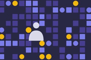 Illustration of a grid of violet squares and yellow circles on a dark background, with a pale figure among them.