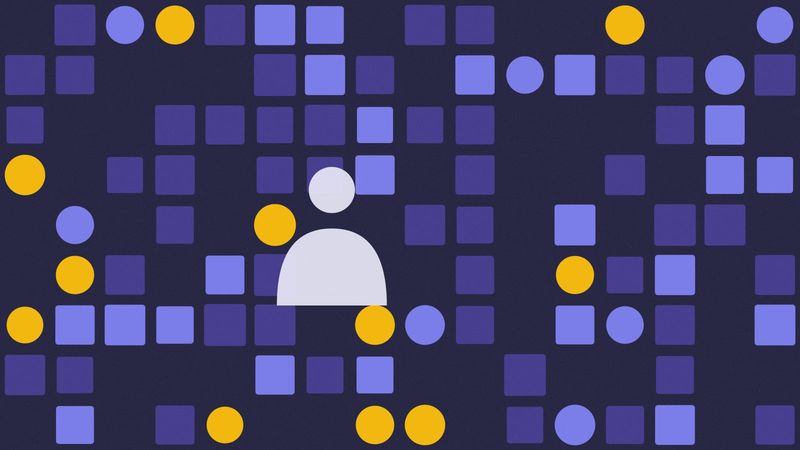 Illustration of a grid of violet squares and yellow circles on a dark background, with a pale figure among them.