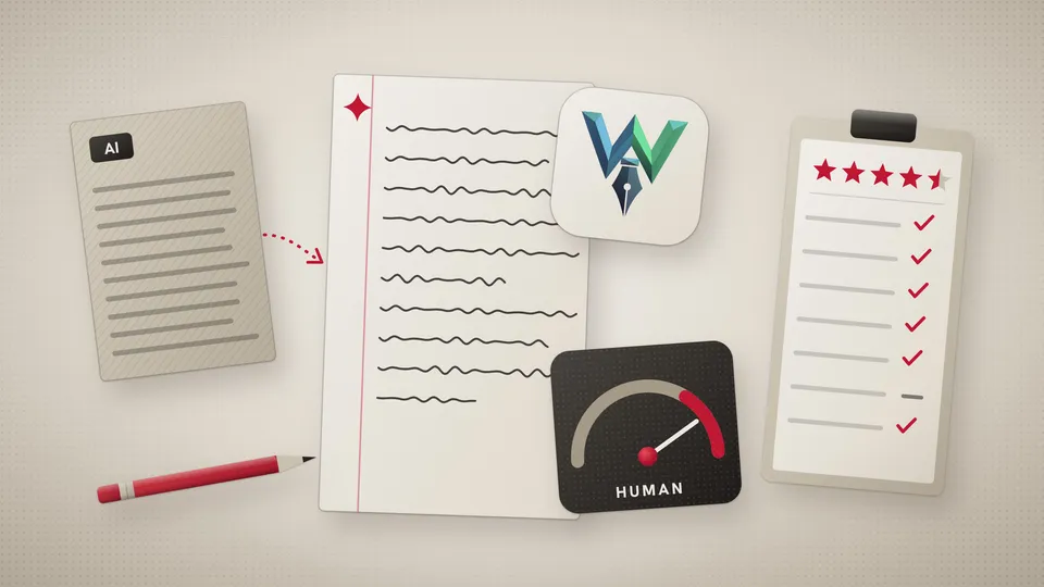 Illustration of a rigid AI-written page turning into a handwritten sheet under the HueWrite app icon, beside an AI detector dial pointing to Human and a review scorecard with four and a half stars.