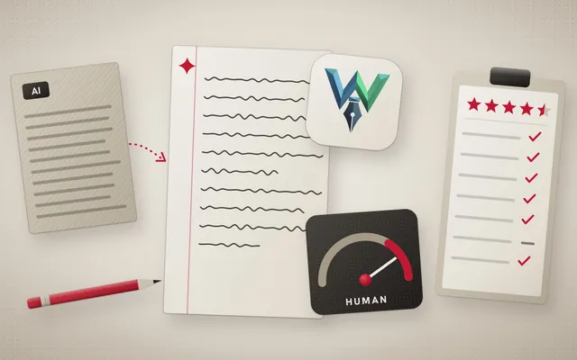Illustration of a rigid AI-written page turning into a handwritten sheet under the HueWrite app icon, beside an AI detector dial pointing to Human and a review scorecard with four and a half stars.