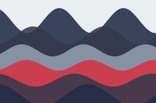 Illustration of layered waves in navy, slate gray and red on a pale background.