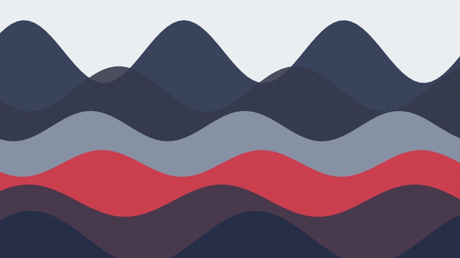 Illustration of layered waves in navy, slate gray and red on a pale background.