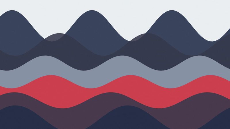 Illustration of layered waves in navy, slate gray and red on a pale background.
