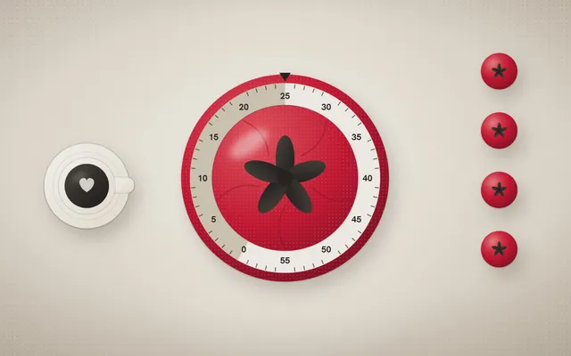 Flat-lay illustration of a tomato kitchen timer set to 25 minutes, four small tomatoes for finished rounds and a cup of coffee for the break.