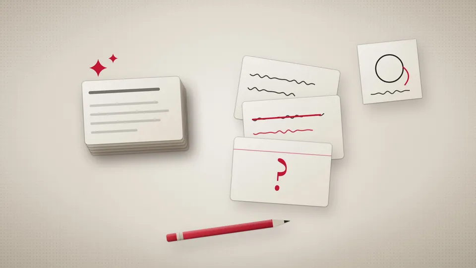 Illustration of two piles of flashcards: a neat printed deck on one side and handwritten cards with crossings-out and doodled examples on the other, with a pen between them.