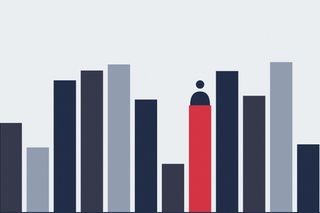 Illustration of navy and gray bars of different heights, with a small figure standing on a single red bar.