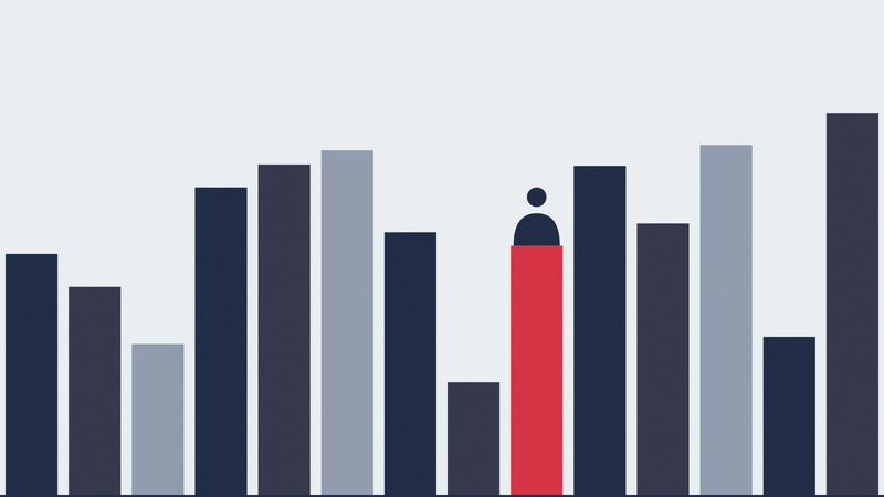 Illustration of navy and gray bars of different heights, with a small figure standing on a single red bar.