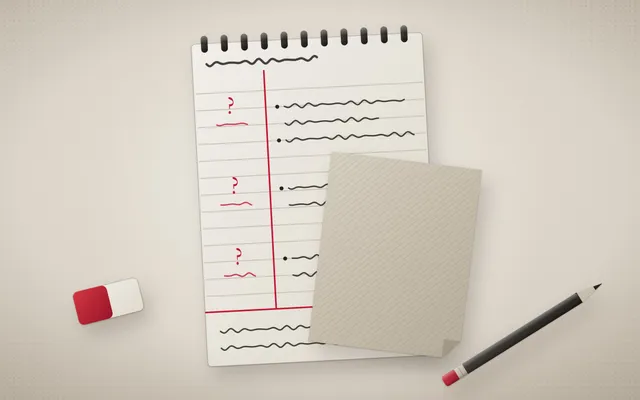 Flat-lay illustration of a notebook page split into a cue column of questions, a notes column and a summary box, with a yellow sheet sliding over the notes for self-testing.