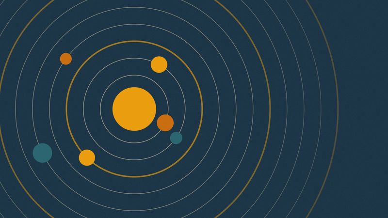Illustration of a large orange circle at the center of concentric rings, with smaller circles orbiting it on a navy background.
