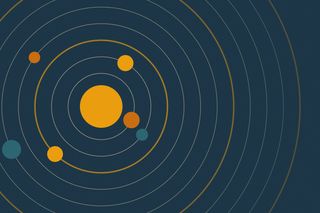 Illustration of a large orange circle at the center of concentric rings, with smaller circles orbiting it on a navy background.