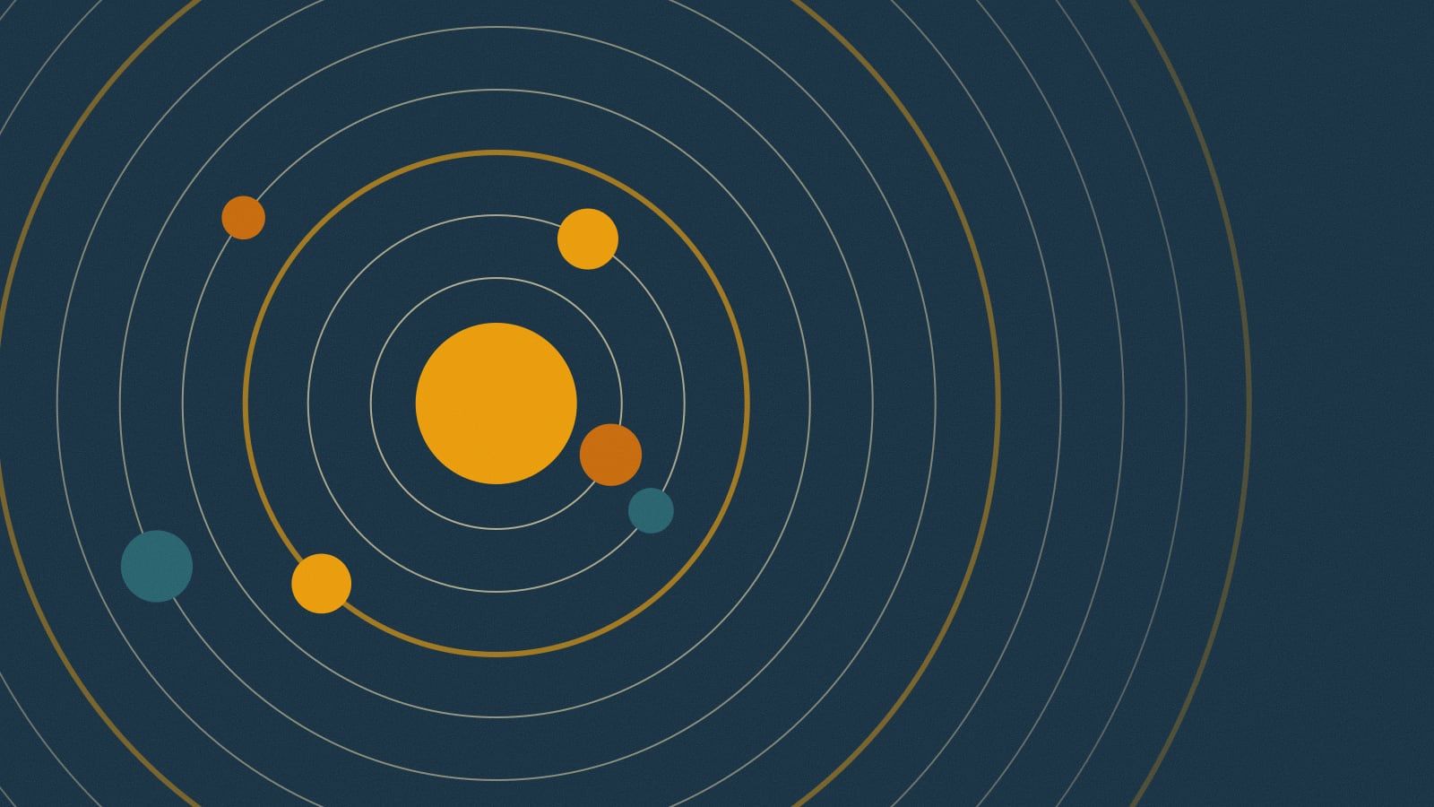 Illustration of a large orange circle at the center of concentric rings, with smaller circles orbiting it on a navy background.