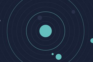 Illustration of a teal circle at the center of thin concentric rings, with small circles orbiting it on dark navy.