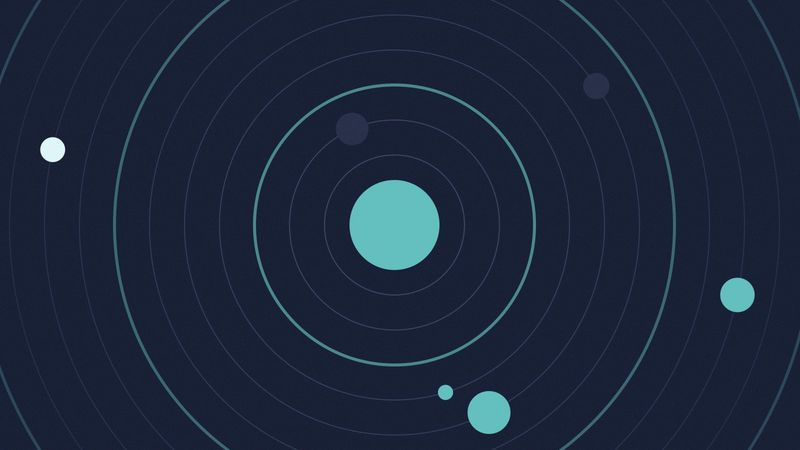 Illustration of a teal circle at the center of thin concentric rings, with small circles orbiting it on dark navy.