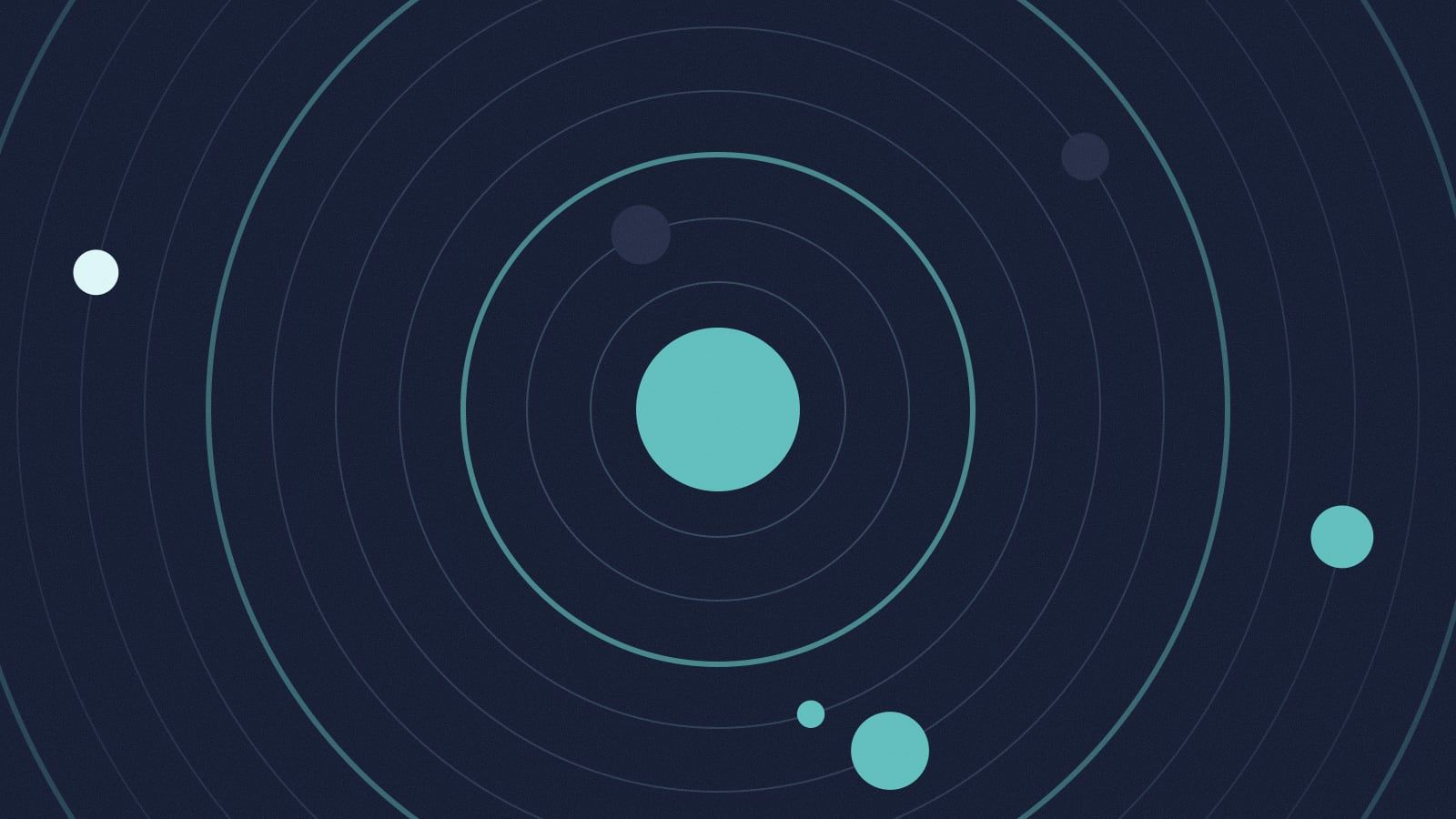 Illustration of a teal circle at the center of thin concentric rings, with small circles orbiting it on dark navy.