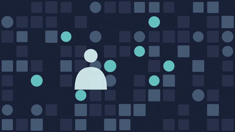 Illustration of a grid of muted blue squares and bright teal circles on dark navy, with a pale figure among them.