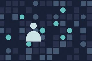 Illustration of a grid of muted blue squares and bright teal circles on dark navy, with a pale figure among them.
