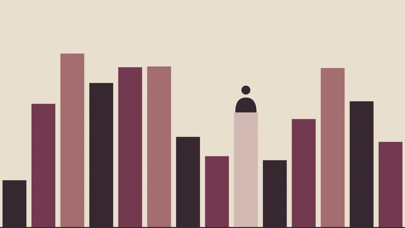 Illustration of tall bars in plum, rose and dark brown, like book spines on a shelf, with a small figure standing on the lightest one.