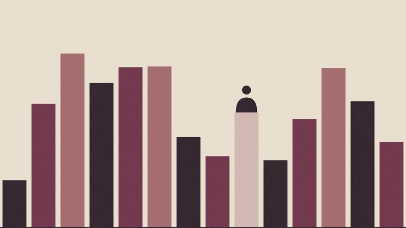 Illustration of tall bars in plum, rose and dark brown, like book spines on a shelf, with a small figure standing on the lightest one.