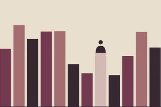 Illustration of tall bars in plum, rose and dark brown, like book spines on a shelf, with a small figure standing on the lightest one.