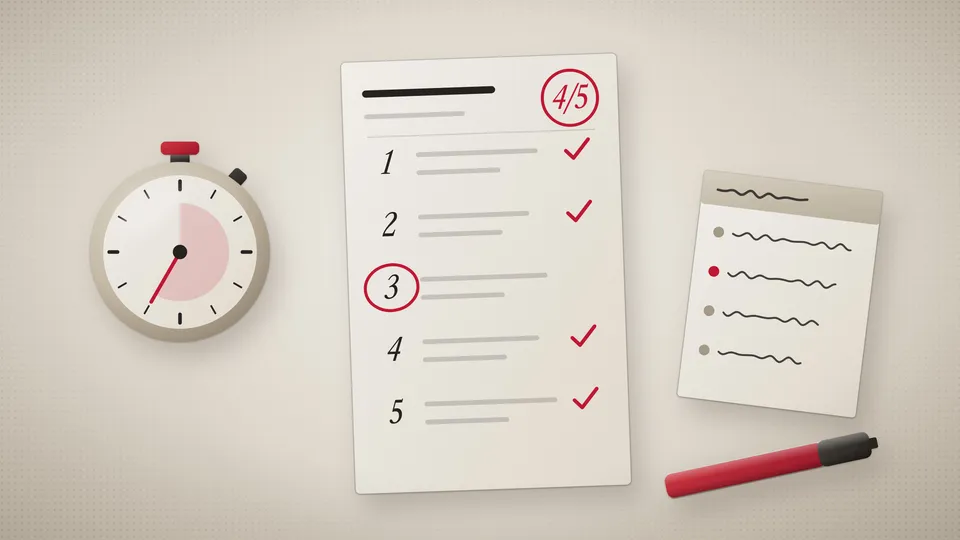 Illustration of a practice exam paper marked with red ticks and one circled question, beside a stopwatch, a red pen and a short list of mistakes to review.