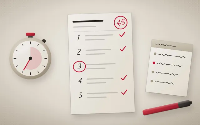 Illustration of a practice exam paper marked with red ticks and one circled question, beside a stopwatch, a red pen and a short list of mistakes to review.