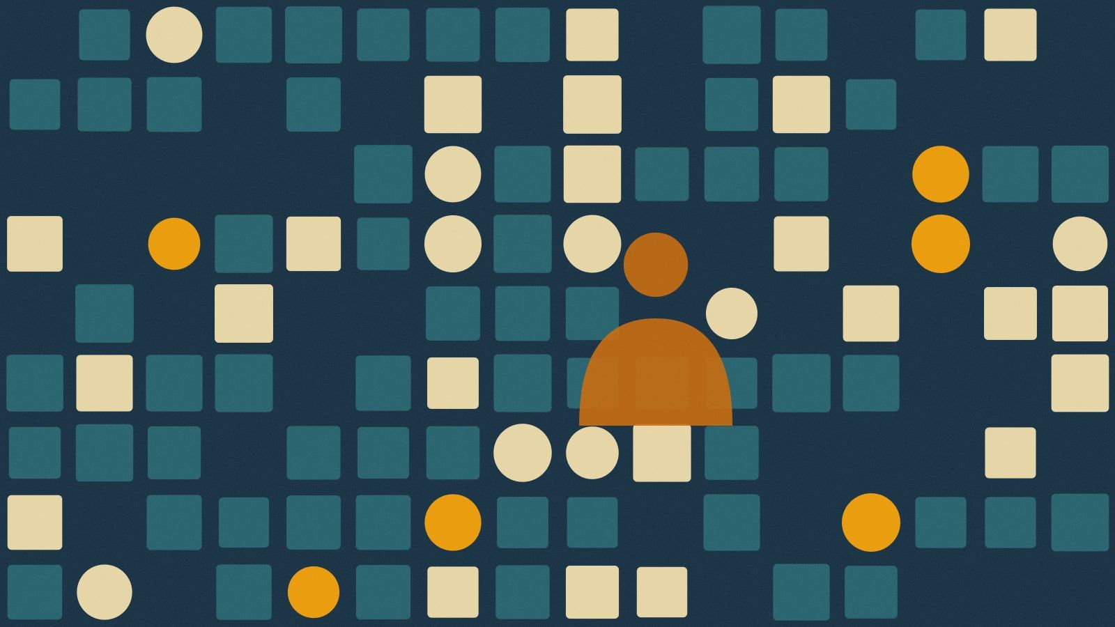 Illustration of a grid of cream and teal squares and orange circles on navy, with a simple figure at the center.