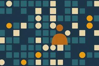 Illustration of a grid of cream and teal squares and orange circles on navy, with a simple figure at the center.