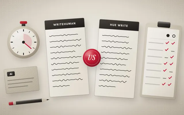 Illustration of two rewritten pages labeled WriteHuman and Hue Write facing each other across a red vs seal, with a stopwatch, an AI-written draft card and a two-column scorecard.